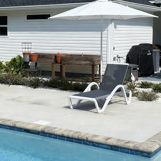 PURPLE LEAF Patio Chaise Lounge Chair Outdoor Plastic Textilene Sun Bathing Recliner Tanning Pool Lounger with 6 Adjustable Position for Outside Beach in-Pool Lawn Poolside, Grey