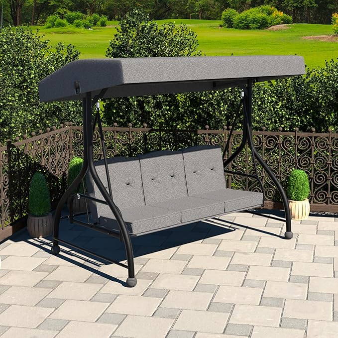 MUPATER 2-in-1 Patio Porch Swing Chair, 3-Seat Outdoor Canopy Swing Glider with Stand and Cushion for Outside, Backyard, Grey