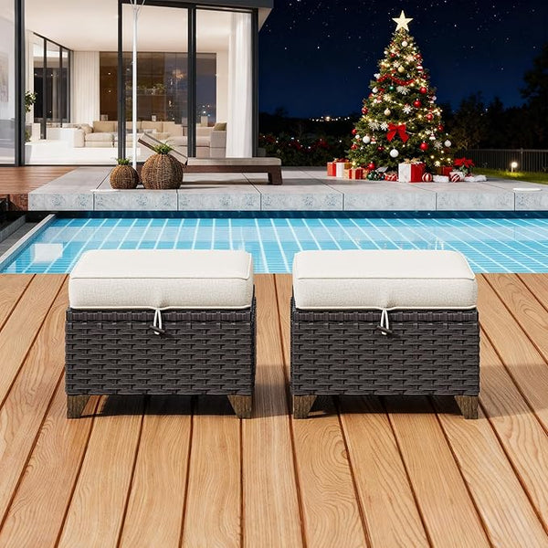 2 Pieces Patio Outdoor Ottomans with Removable and Washable Covers，PE Rattan Wicker Footstools for Porch, Garden - Photo 1