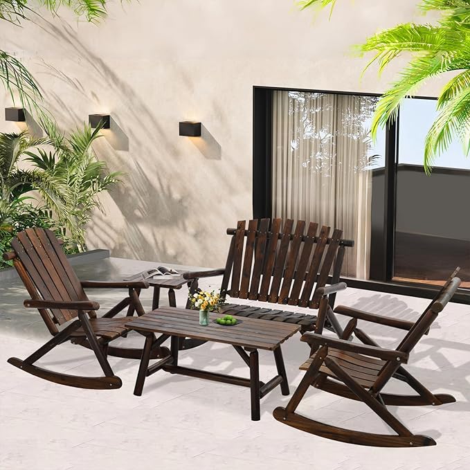 5-Piece Outdoor Wood Rocking Bistro Set, Rustic Wooden Conversation Set Including 2-Seater Loveseat, 2 Coffee Table, 2 Log Rocker Chair, Patio Furniture Chair Set for Lawn Yard, Carbonized