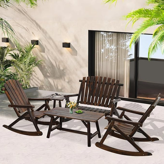 5-Piece Outdoor Wood Rocking Bistro Set, Rustic Wooden Conversation Set Including 2-Seater Loveseat, 2 Coffee Table, 2 Log Rocker Chair, Patio Furniture Chair Set for Lawn Yard, Carbonized