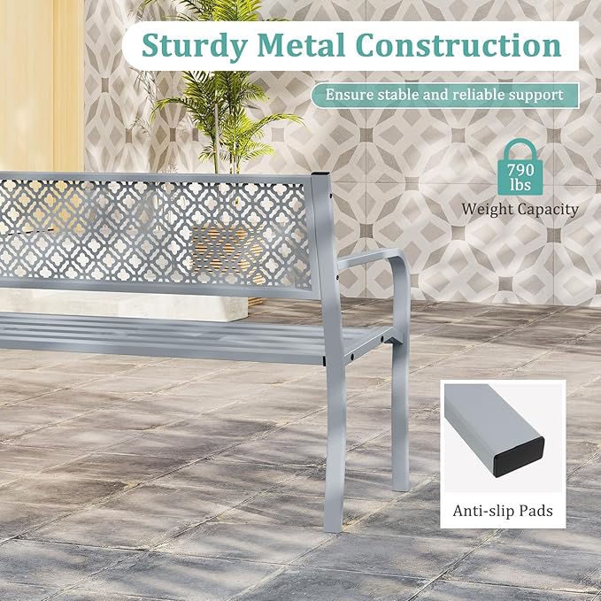 Tangkula 50 Inches Outdoor Garden Bench, Metal Patio Park Bench with Geometric Lattice Backrest, Armrests and Slatted Seat, Outdoor Loveseat Chair for Porch, Lawn and Yard (Grey)