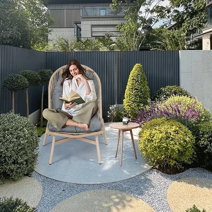 Athena Collection Patio Wicker Egg Chair with Folding Canopy, All-Weather Rattan Patio Lounge Chair with Sun Shade, Balcony Furniture Outside Seating for Front Porch, Garden, Poolside, Outdoor, Grey
