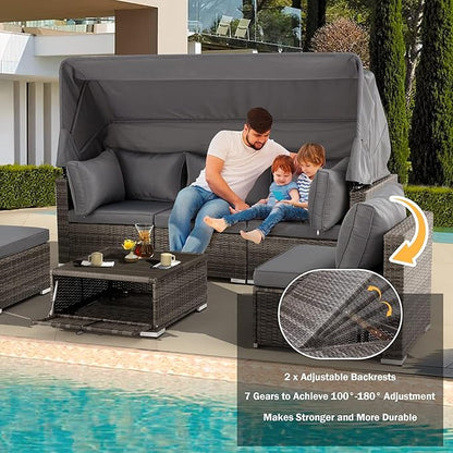Vicluke 6 Pieces Patio Furniture Sets Outdoor Sectional Sofa Set Rattan Daybed with Retractable Canopy, Adjustable Backrest, Storable Tea Table Rectangle Sunbed for Backyard Garden Poolside(Grey)