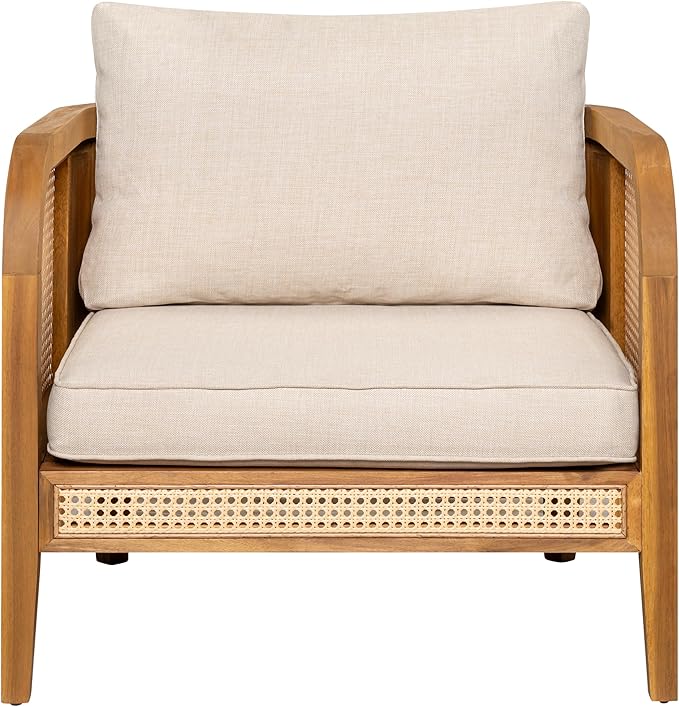 Christopher Knight Home Tilden Bohemian Acacia Wood Lounge Chair Outdoor Set of 4, Wicker Patio Accent Chair with Wooden Frame, Patio Furniture Set with Removable Cushion, Teak+Beige