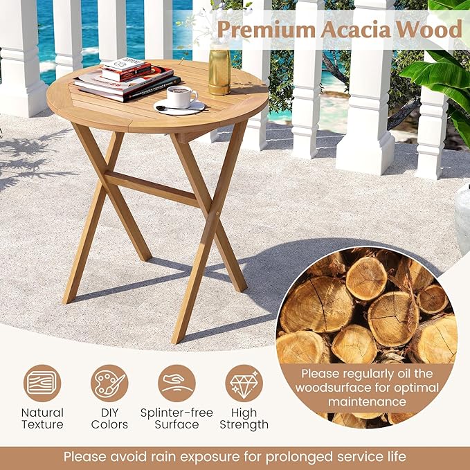 Tangkula 26-Inch Acacia Wood Outdoor Dining Table, Folding Round Patio Bistro Table with Slatted Tabletop & X-Shaped Frame, Outside Dining Table for Porch, Garden, Backyard, Poolside