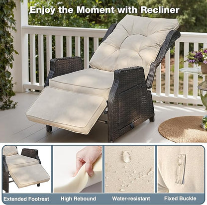 Outdoor Indoor Wicker Recliner with Adjustable Back and Footrest, Patio Reclining Chair with Flip-up Table, Outdoor Rattan Lounge Chair, Upgrade Beige