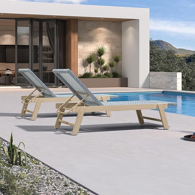 PURPLE LEAF Extra Large Patio Chaise Lounge 2 Pieces French Outdoor Wicker Lounger Matte White Aluminum Frame 771LBS Capacity PE Rattan Adjustable Backrest for Pool Garden Beach Backyard Navy