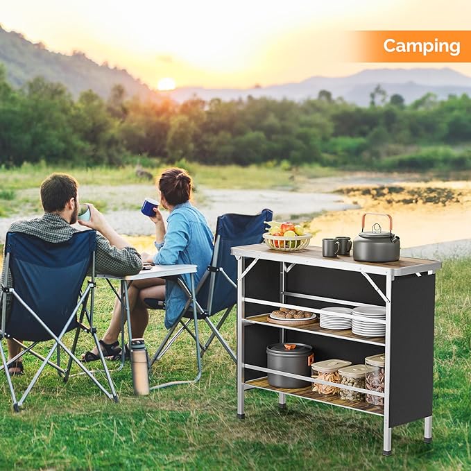 VINGLI 43" Portable Bar Table, 3-Tier Shelves, Carry Bag，Mobile Bar Table for Events, Party, Camping, Picnic, Tradeshow - Photo 9