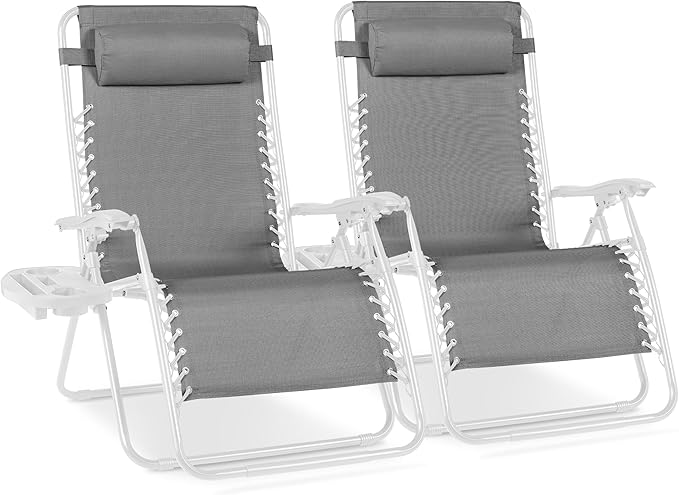 Best Choice Products Set of 2 Extra Wide Adjustable Steel Mesh Zero Gravity Lounge Chair Recliners w/Pillows and Cup Holder Trays - Ice Gray/White
