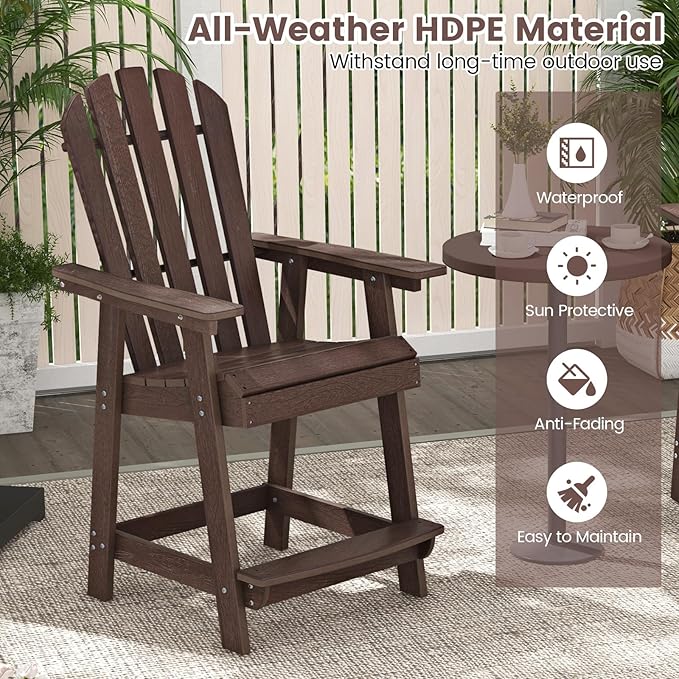 Giantex Tall Adirondack Chair Set of 2, HDPE Outdoor Bar Stools with Armrests, 4.5” Wide Footrest, Patio Adirondack Barstools, All-Weather Balcony Chairs for Poolside, Garden, Backyard (2, Brown)