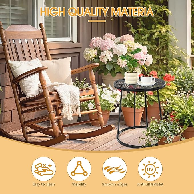 Outdoor Side Table with Flower Cut Outs 14" Weather Resistant Metal Patio Side Tables Small Plant Stand Round Outdoor - Photo 4