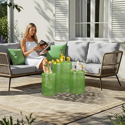 Outvita Outdoor Nesting Tables Set of 3, Heavy Duty Metal Frame Accent Modern End Table, Portable Side Table for Indoor, Outdoor, Living Room, Meander Pattern - Green