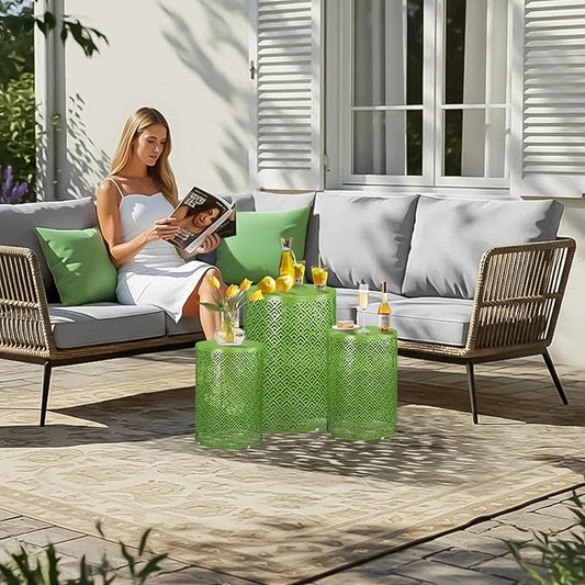 Outvita Outdoor Nesting Tables Set of 3, Heavy Duty Metal Frame Accent Modern End Table, Portable Side Table for Indoor, Outdoor, Living Room, Meander Pattern - Green