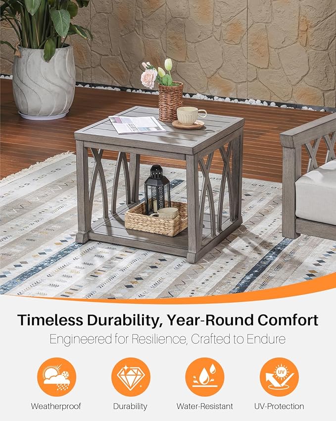 Aluminum Outdoor Side Table, 20.3" Square Patio End Table with Double-Layer Storage Design, Modern Waterproof Patio Side Tables with Adjustable Feet for Balcony, Deck, Porch, Limed Oak