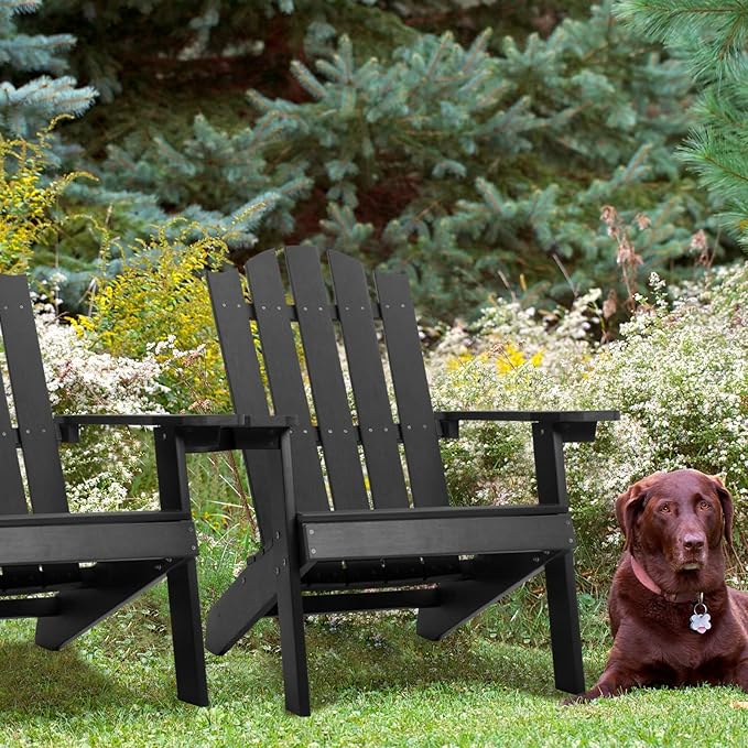 Melucivi Adirondack Chair Weather Resistant with Cup Holder, Fire Pit Chair Patio Outdoor Garden Resin Adirondack Chair for Adult, Black