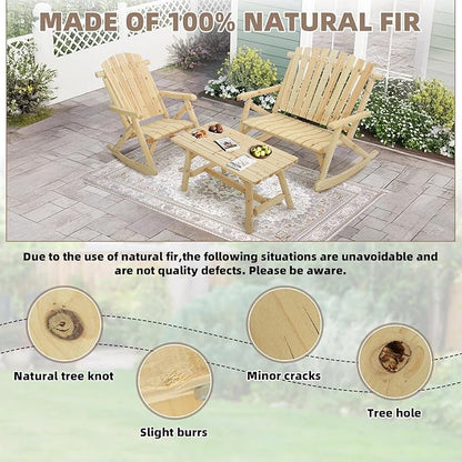 3-Piece Outdoor Wood Rocking Bistro Set, Rustic Wooden Conversation Set Including 2-Seater Loveseat, Log Rocker Chair and Coffee Table, Patio Furniture Chair Set for Lawn Yard Park, Natural