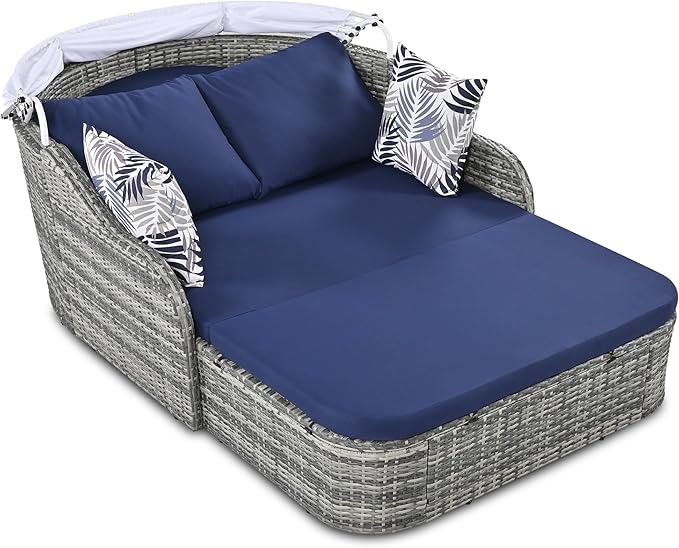 79.9" Outdoor Rattan Sunbed, Patio Wicker Daybed Lounger with Adjustable Canopy, Double Lounge, Thick Seat & Cushions - Photo 7