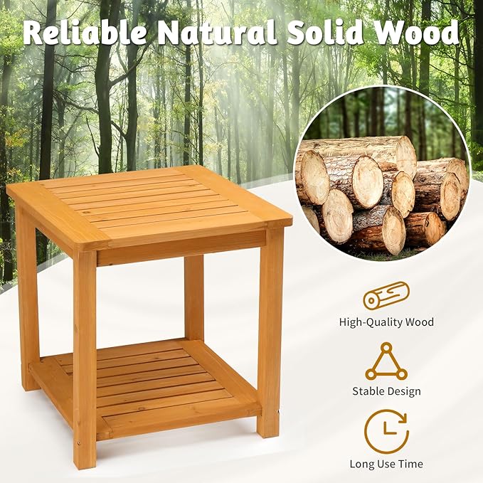 Outvita Patio Small Side Table, Acacia Wood 18 inch Double-Deck Coffee Table with Storage Tier for Living Room, Garden, Balcony, Porch, Deck (Teak Color)