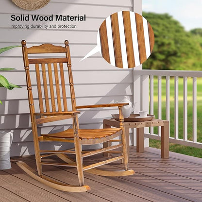 Bonnlo Wood Rocking Chair Outdoor with 450 lbs Support Relaxing Rocker Solid Wood High Back Seat Reclining Seat for Deck, Garden, Backyard, Porch, Indoor or Outdoor Use, Teak