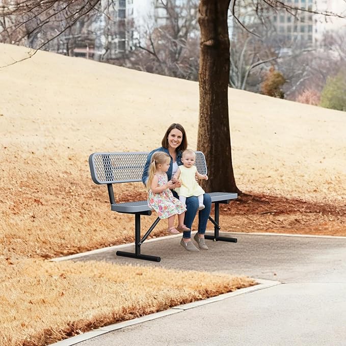 6ft Gray Metal Park Bench with Backrest, Heavy Duty Outdoor Benches Weatherproof Steel Long Playground Bench Seats, Commercial Garden Benches Red Dock Benches for Lawn, Park, Deck,Patio, Porch