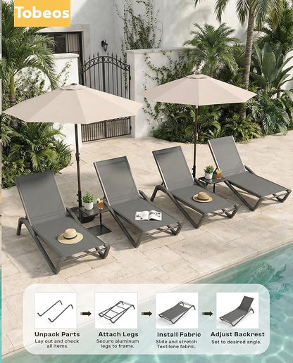 Outdoor Chaise Lounge Chair Set of 30, 5-Position Adjustable Patio Lounge Chair with Aluminum Frame, Textilene Fabric Pool Loung Chairs for Poolside, Deck, Backyard (Grey)