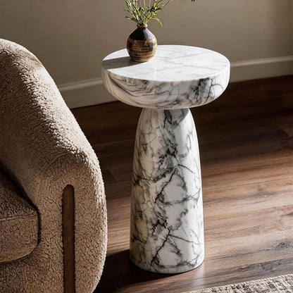 Marble Side Table, 24" Modern Accent Table with Pedestal Stand, Durable Faux Marble Side Table for Small Spaces, Marble Look Coffee Table Accent Drink Tables for Living Room Patio Balcony