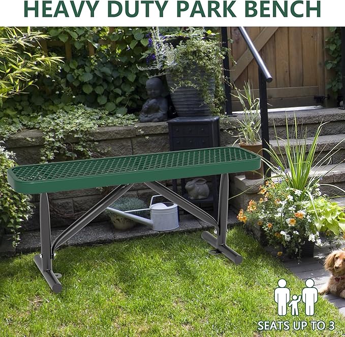 4 Feet Outdoor Steel Bench, Green Heavy Duty Metal Park Bench for Outside, Weatherproof Dock Bench, 48" L Commercial Benches Mesh Bench for Shopping Mall, Store, Lawn, Park, Patio, Deck, Garden