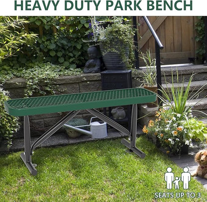 4 Feet Outdoor Steel Bench, Green Heavy Duty Metal Park Bench for Outside, Weatherproof Dock Bench, 48" L Commercial Benches Mesh Bench for Shopping Mall, Store, Lawn, Park, Patio, Deck, Garden