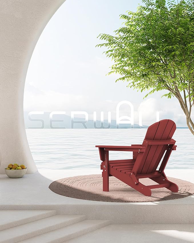 SERWALL Foldable Adirondack Chair Set of 4, Weather Resistant HIPS Patio Chairs with Cup Holder for Patio Garden Outdoors Fire Pit Chairs- Red