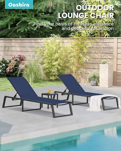 Aluminum Chaise Lounge Outdoor Set of 2, Foldable & Assembly Free Patio Pool Lounge Chairs 5-Position Recliner for Outside Poolside, Fully Grounded Legs Sun Lounger for Beach, Yard, Navy Blue
