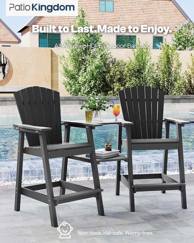 Tall Adirondack Chairs Set of 2 with Removable Tray, HDPE Bar Height Adirondack Bar Stools, High Back Patio Chairs for Balcony, Deck, Lawn, Backyard, All-Weather Outdoor Furniture, Gray