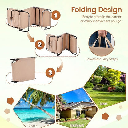 COSTWAY Tanning Chair with Face Hole, Pillows & Adjustable Backrest, Portable with Carrying Bag, Folding Beach Chaise Lounge for Sunbathing, Seaside (2, Beige)
