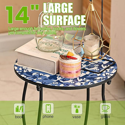 Patio Side Tables, 14"" Indoor Outdoor Metal Side Table for Poolside Bistro Balcony Yard Porch Bedside, Weather Resistant Metal Accent Table for Indoor Outdoor Use, Easy Assembly (Blue)