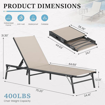 UDPATIO Foldable Patio Lounge Chairs Outdoor Chaise Lounge with 5-Positions Poolside Lounge Chairs with Portable Design for Pool, Beach, Deck, Backyard No Assembly