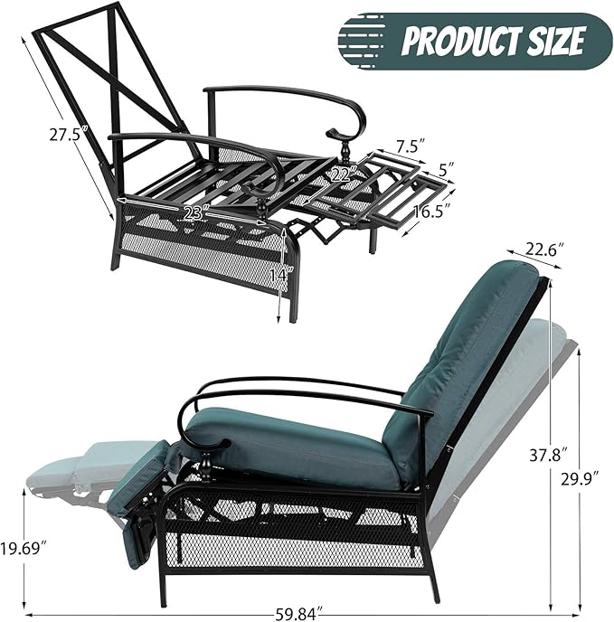Incbruce Outdoor Lounge Chair Patio Furniture Adjustable Recliner with Retractable Steel Frame and Removable Thick Cushions - Peacock Blue