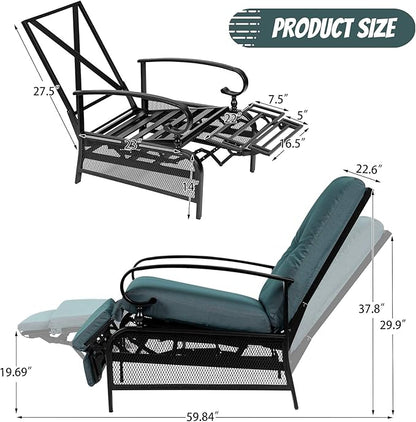 Incbruce Outdoor Lounge Chair Patio Furniture Adjustable Recliner with Retractable Steel Frame and Removable Thick Cushions - Peacock Blue