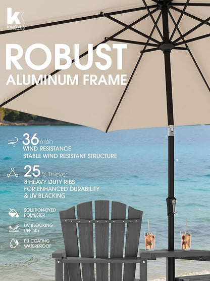 KINGYES Tall Adirondack Chair Set of 2 with 9FT Umbrella, All-Weather HDPE Outdoor Adirondack Barstools with Removable Double Connecting Trays, High Airondack Chair with Wood Grain, Gray