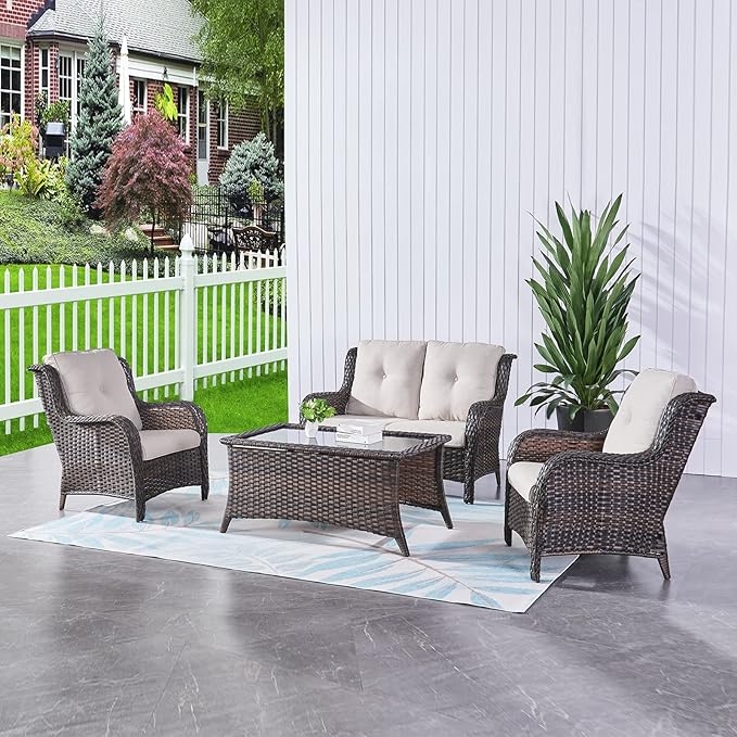 HUMMUH 4 Piece Patio Conversation Furniture Set PE Wicker Rattan Outdoor Loveseat Sofa, Patio Chairs - Photo 9