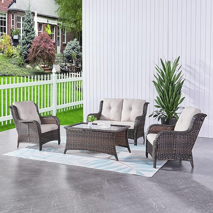 HUMMUH 4 Piece Patio Conversation Furniture Set PE Wicker Rattan Outdoor Loveseat Sofa,Patio Chairs,Coffee Table for Garden,Poolside,Backyard,Deck