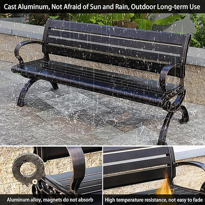 Outdoor Bench Chair Cast Aluminum Park Bench Large All Weather Metal Garden Bench for Backyard Porch Lawn (150cm Black Bench)