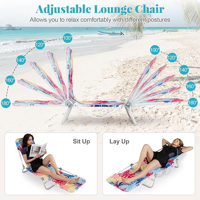 GYMAX Tanning Chair, 2Pcs Folding Beach Chairs with Adjustable Backrest, Footrest, 330lbs Capacity & Shoulder Strap, Portable Layout Sunbathing Loungers for Outside, Patio, Poolside (Colorful Leaves)