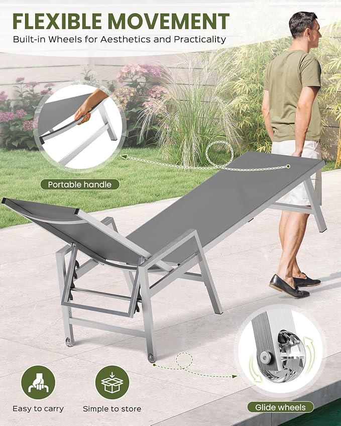 Patio Chaise Lounge Chair Outdoor with Wheels&Armrests, Aluminum Pool Lounge Chairs Five-Position Adjustable Recliner with Side Table, Outdoor Beach Lounge Chairs for Poolside, Deck, Garden, Dark Gray