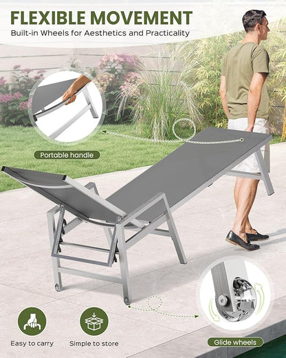 Patio Chaise Lounge Chair Outdoor with Wheels&Armrests, Aluminum Pool Lounge Chairs 5-Position Adjustable Recliner, Outdoor Beach Lounge Chairs for Poolside, Patio, Deck, Yard, Dark Gray