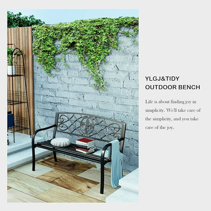 YLGJ&TIDY 50 Inches Garden Benches for Outdoor Patio Bench with Floral Pattern Backrest Armrest Weatherproof Park Benches Metal Bench for Garden Park Porch Lawn Yard (BENCH01)