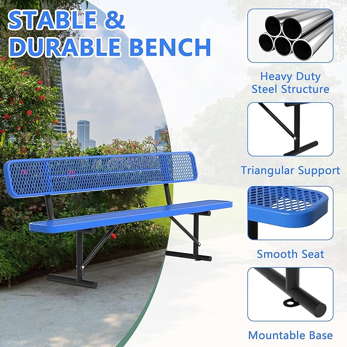 96" Metal Park Benches for Outside - Blue Outdoor Benches Heavy Duty Garden Weatherproof Bench with Backrest, Buddy Bench for Schools,Commercial Benches for Shopping Mall, Store, Yard, Patio