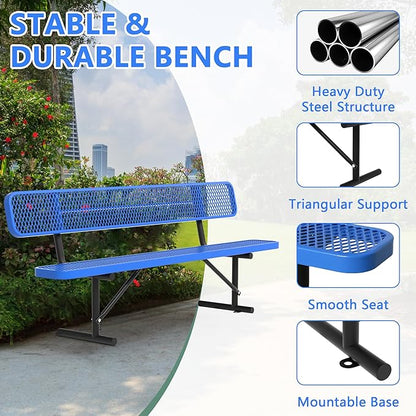 96" Metal Park Benches for Outside - Blue Outdoor Benches Heavy Duty Garden Weatherproof Bench with Backrest, Buddy Bench for Schools,Commercial Benches for Shopping Mall, Store, Yard, Patio