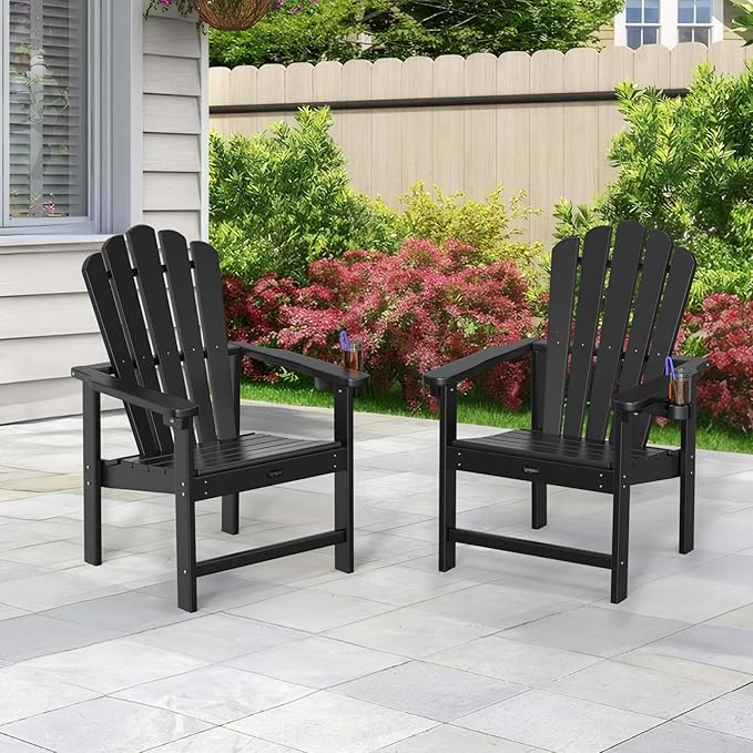VINGLI Plastic Folding Adirondack Chair with Cup Holder, 100% Recyclable HDPE Material, Comfortable 380lb Weight Capacity for Outdoor Pool Patio Lounge Chair Lawn Furniture Fire Pit, 1 Pack, Black