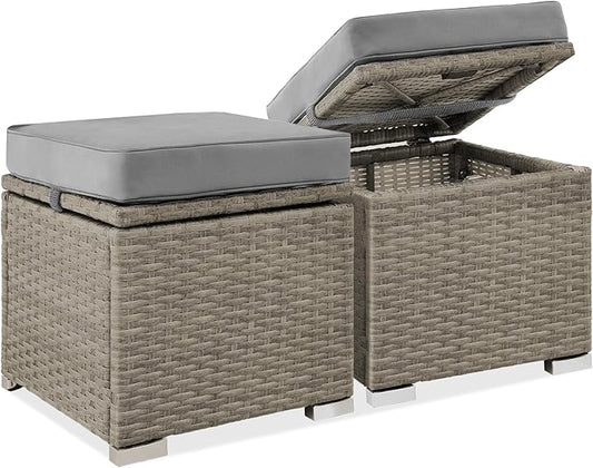 Best Choice Products Set of 2 Wicker Ottomans, Multipurpose Outdoor Furniture for Patio, Backyard, Additional Seating, Footrest, Side Table w/Storage, Removable Cushions - Cement Gray/Taupe