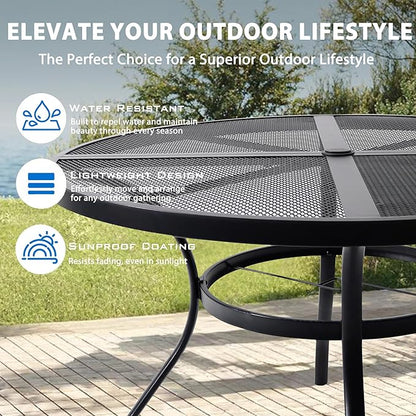 47'' Outdoor Patio Dining Table with Adjustable Umbrella Hole, Mesh Tabletop Round Table, Heavy Duty 400lbs Capacity, for Deck, Balcony, Bistro, Black